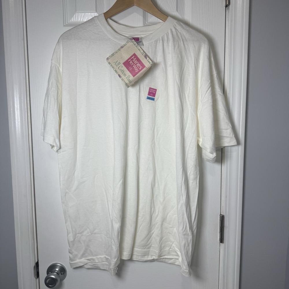 Vintage single‎ stitch Hanes Her Way T-shirt White Large Women 12-14 100% Cotton